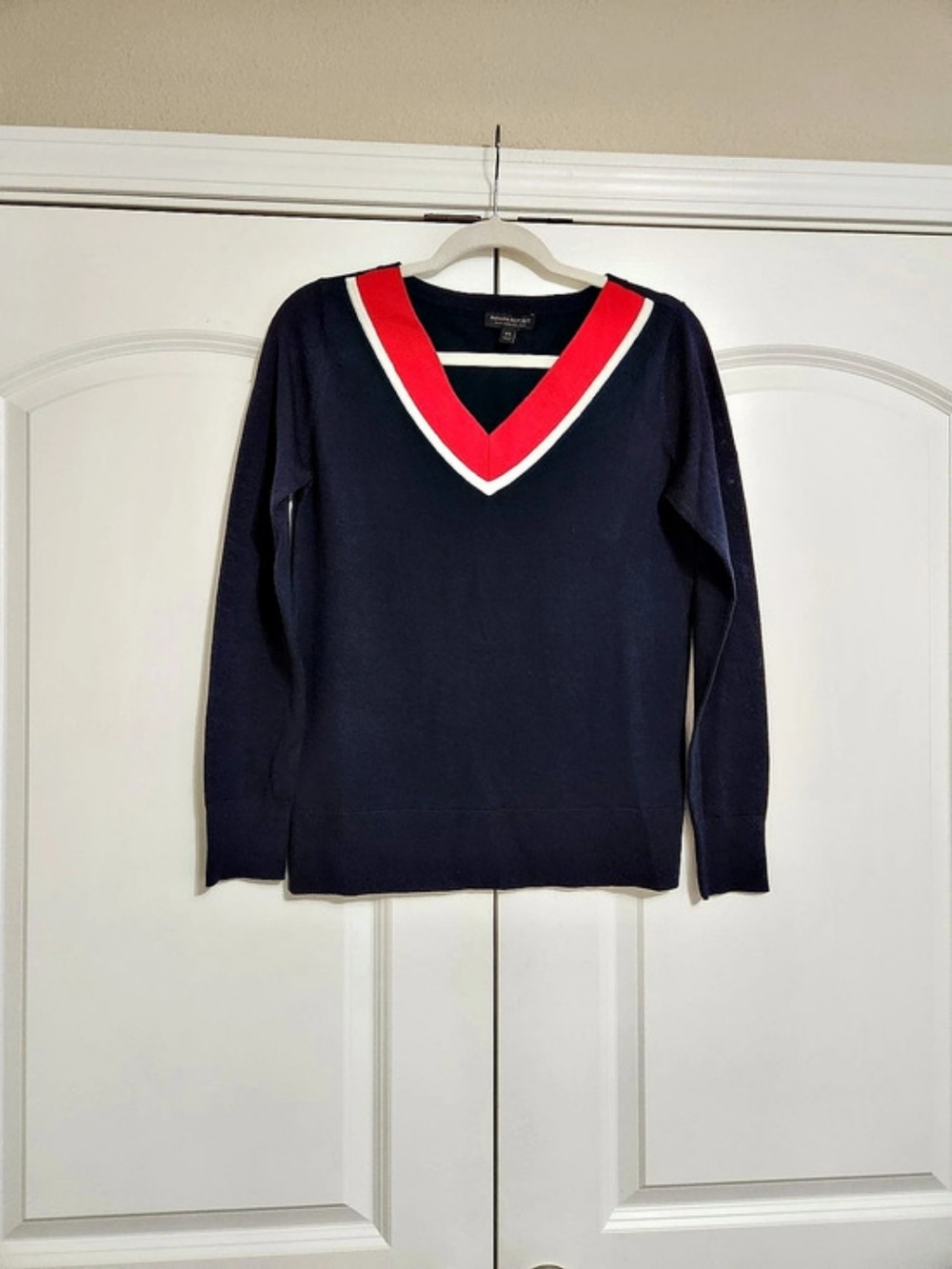 Banana Republic Preppy Color Block V-Neck Merino Wool Sweater in Blue & Red